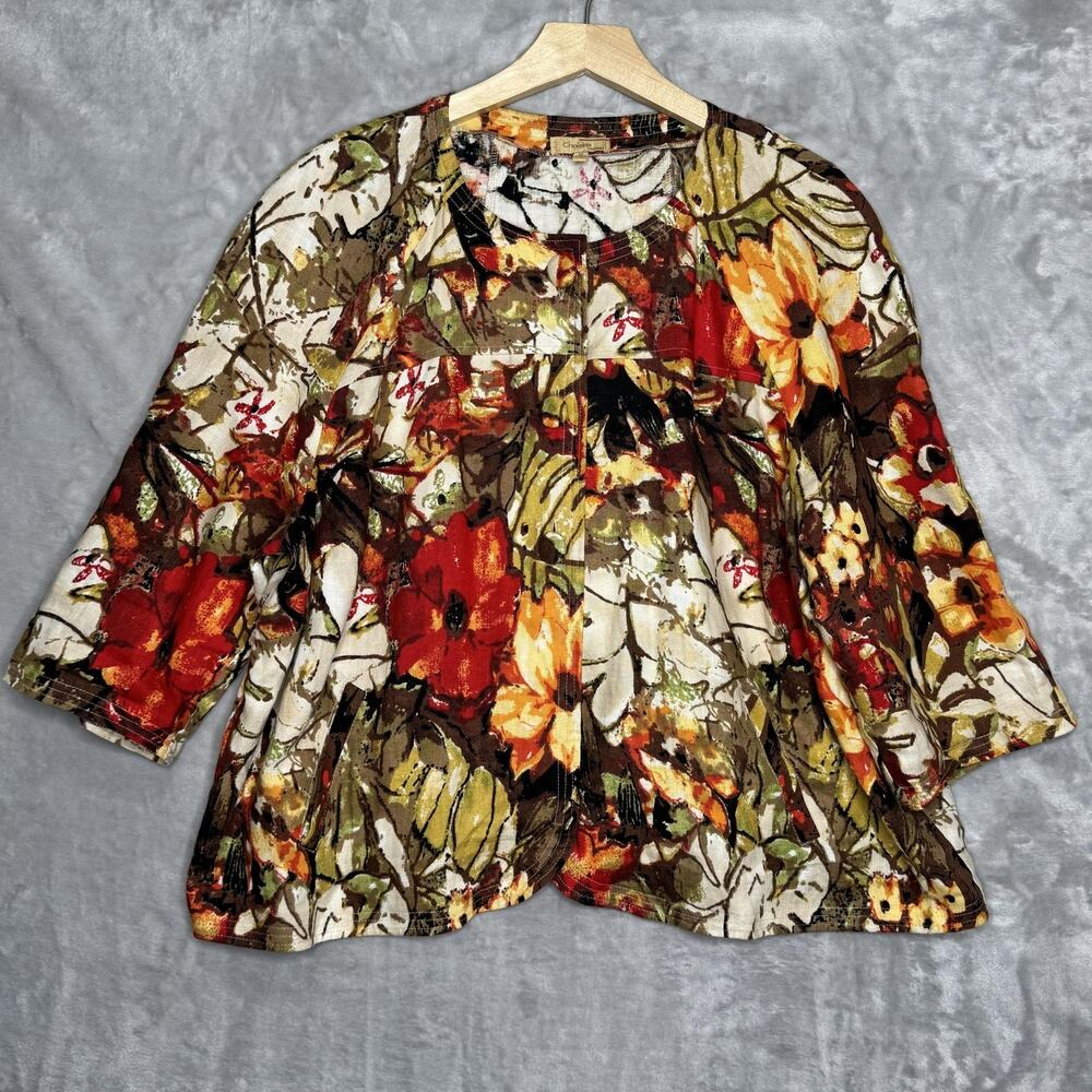 Choices Woman Jacket Womens 3X Multicolor Linen Floral Open Front 3/4 Sleeve